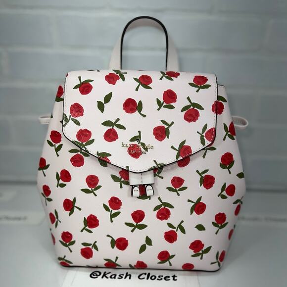 Kate Spade Lizzie Medium Festive Rosette Leather Flap Backpack Rose Print